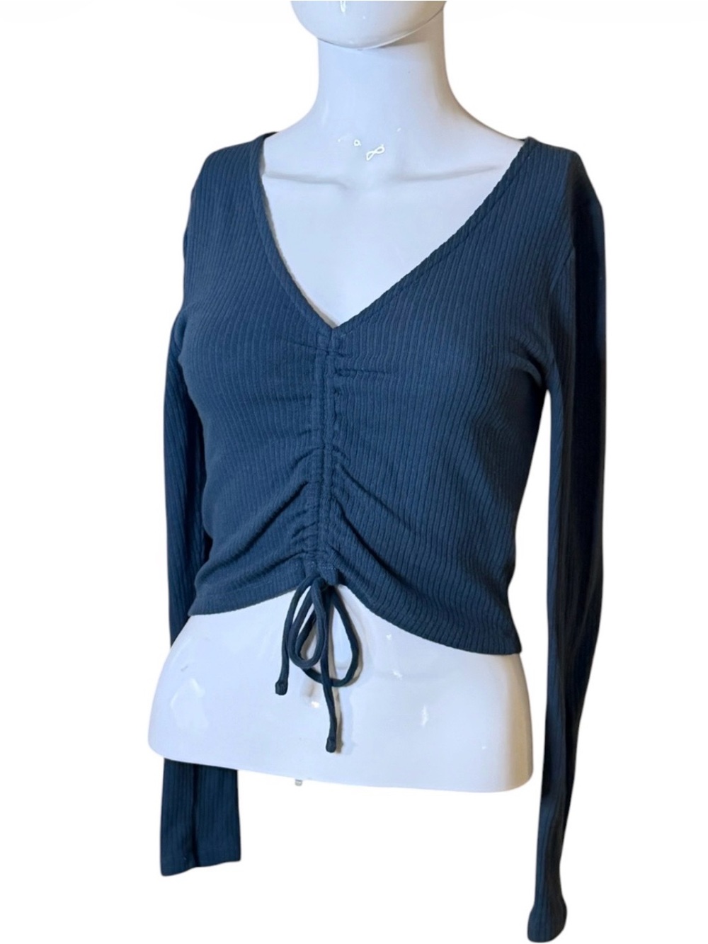 O'Neill Ribbed V-Neck Drawstring Long Sleeve Top - Slate Blue